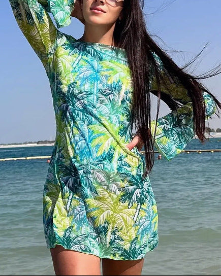 Women's Floral Long Sleeve Mesh Beach Cover Up Dress