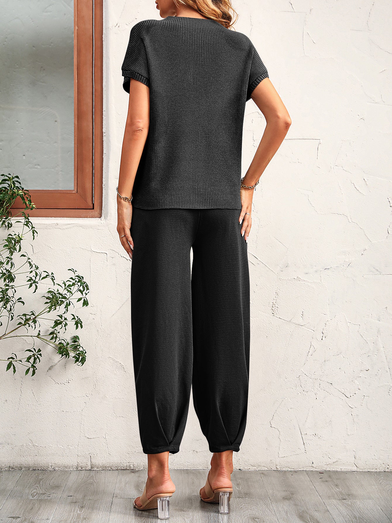 Colorblock Short-Sleeve Sweater & Pants Lounge Set