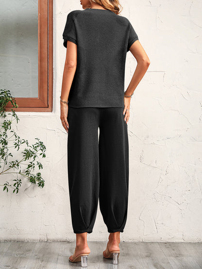 Colorblock Short-Sleeve Sweater & Pants Lounge Set