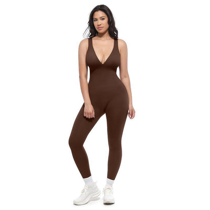 Ribbed V-Neck Seamless Yoga Jumpsuit High Waist