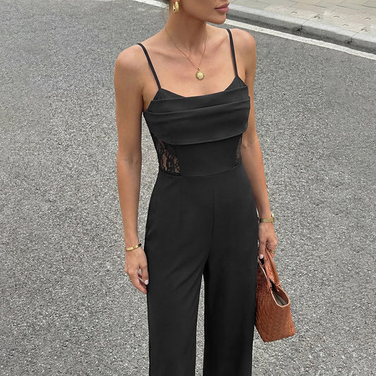 Black Lace Sheer Spaghetti Strap Wide Leg Jumpsuit