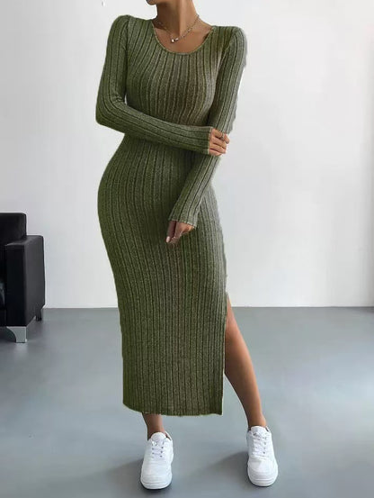 Ribbed Long Sleeve Side Slit Bodycon Maxi Dress