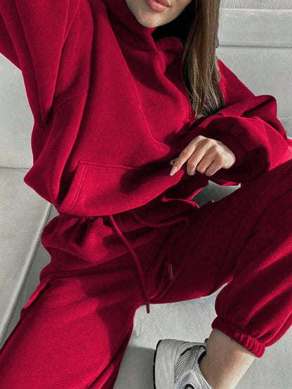 Women Oversized Fleece Hoodie Cargo Jogger Set