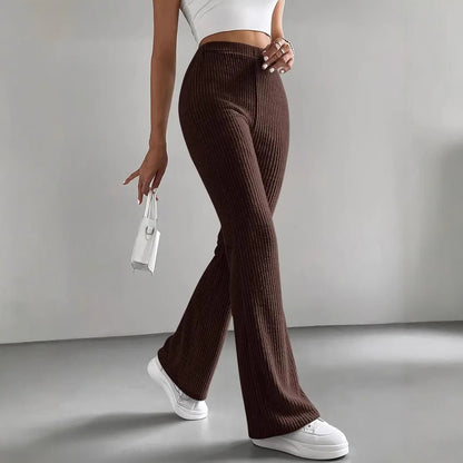 Women's High Waist Ribbed Knit Flare Pants Stretchy Casual