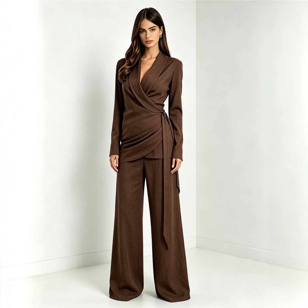 Women's Wrap V Neck Blazer Wide Leg Two Piece Set