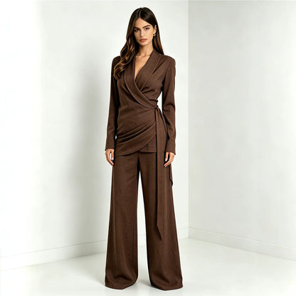 Women's Wrap V Neck Blazer Wide Leg Two Piece Set