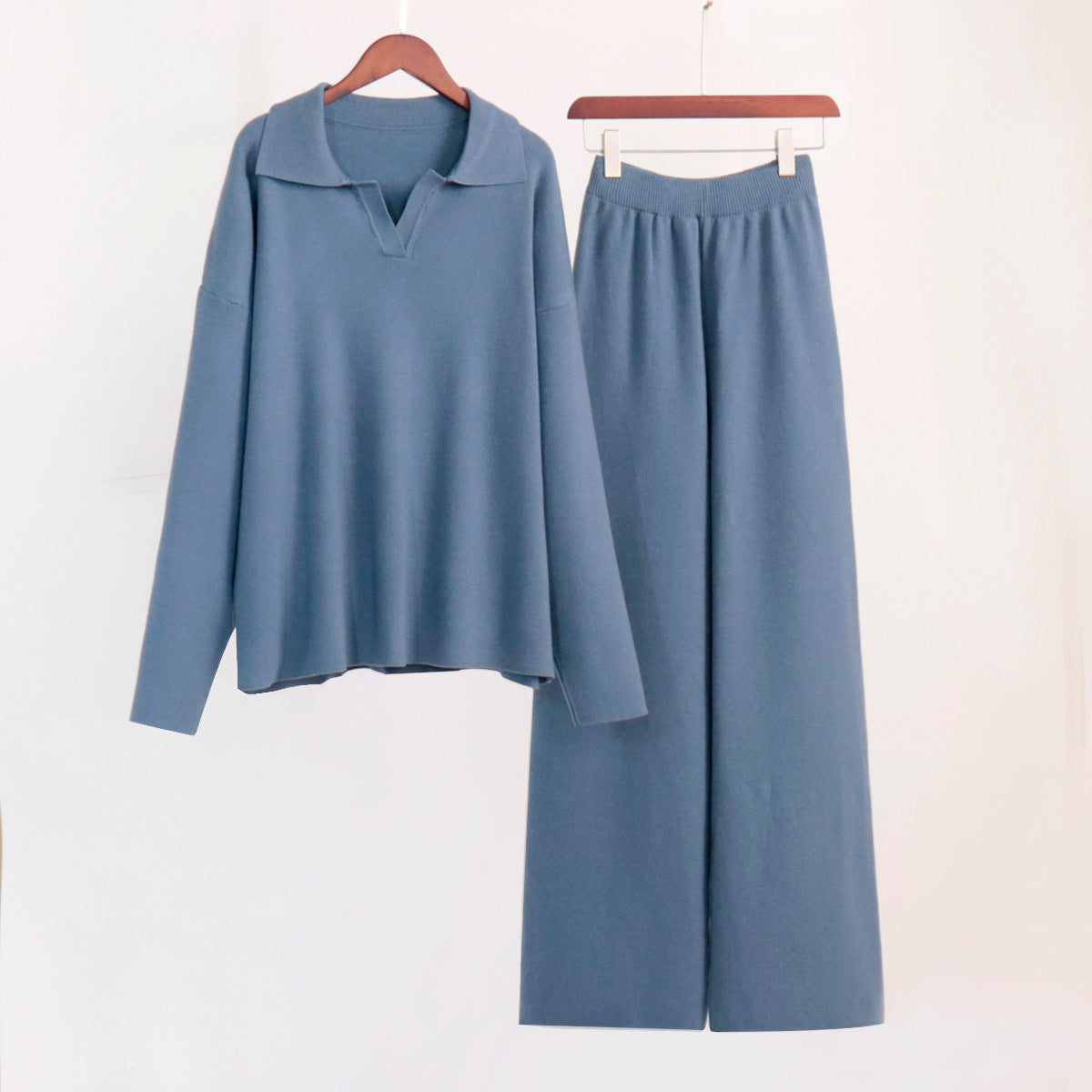 Women's Polo Knit Sweater Set with Wide Leg Pants