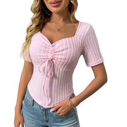 Pleated Drawstring Sexy Short-Sleeve Top