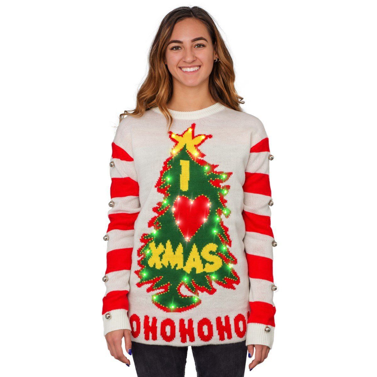 Womens Ugly Christmas Sweater Light Up Jingle Bell Tree