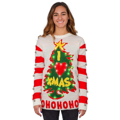 Womens Ugly Christmas Sweater Light Up Jingle Bell Tree
