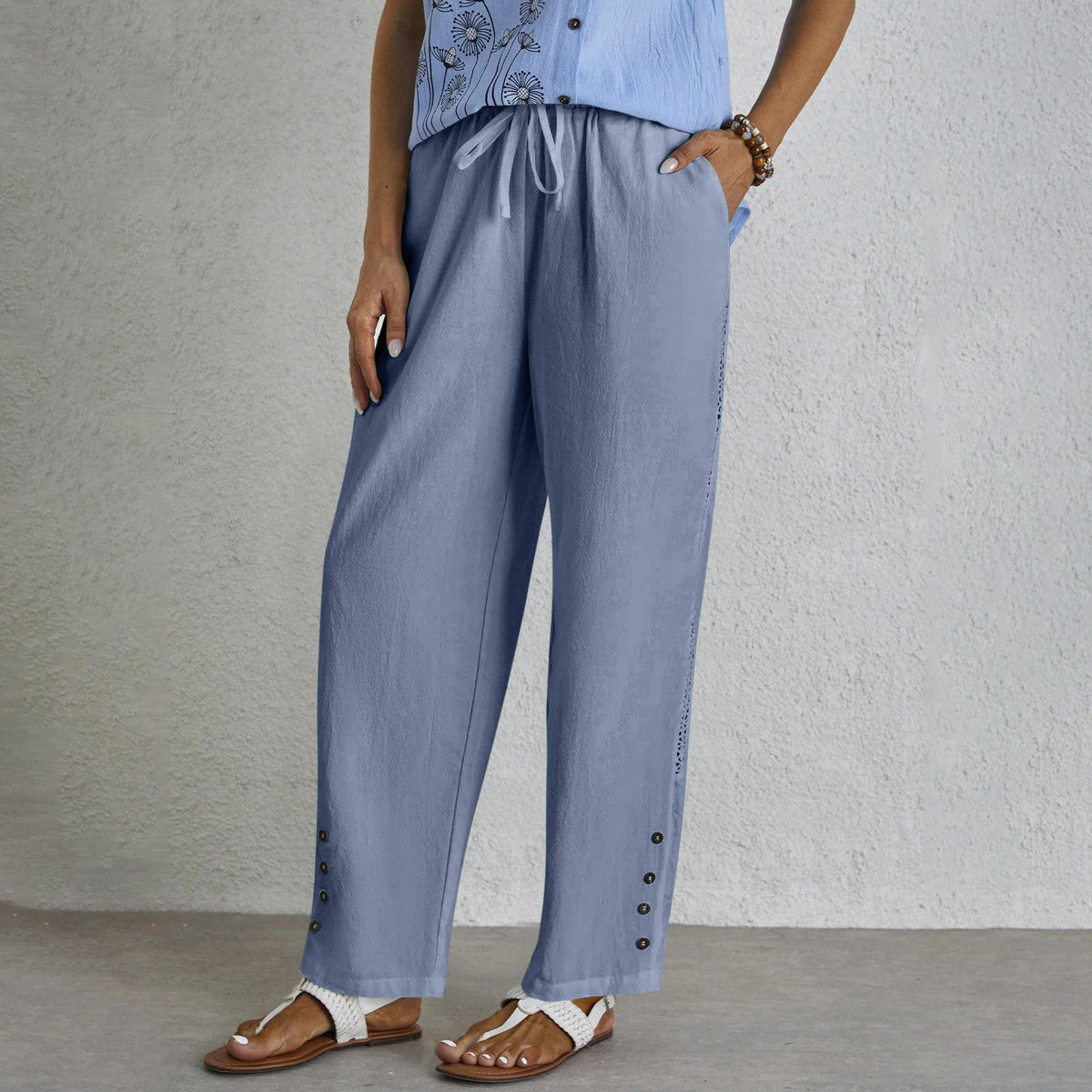 Women's Cotton Linen Pants Drawstring Eyelet Button Hem