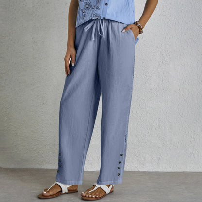 Women's Cotton Linen Pants Drawstring Eyelet Button Hem