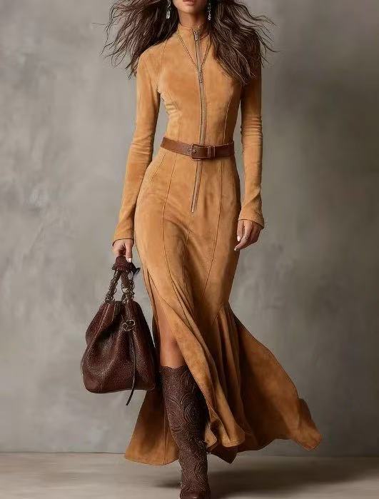 Suede Zip Front Maxi Dress Long Sleeve Fishtail