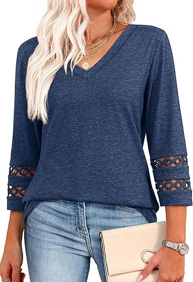 White V-Neck Lace Sleeve Casual Knit Top for Women