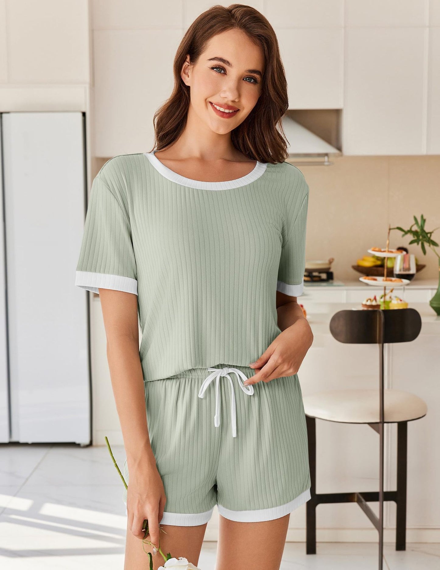 Ribbed Colorblock Lounge Shorts Set Summer Pajama