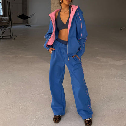Color Block Zip Up Hoodie Wide Leg Pants Two Piece Set
