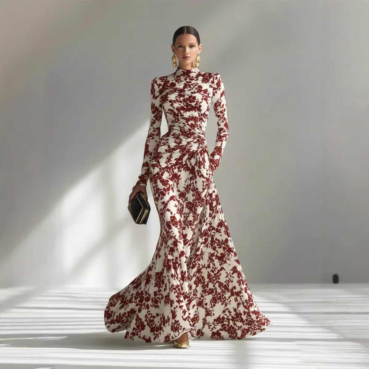 Women's Elegant Floral Ruched Long Sleeve Maxi Dress