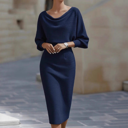 Cowl Neck Batwing Sleeve Ribbed Midi Sweater Dress