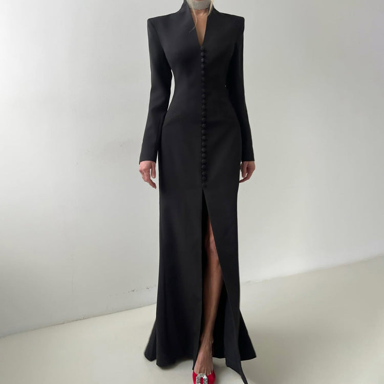 V-Neck Long Sleeve Button Front Slit Bodycon Maxi Dress