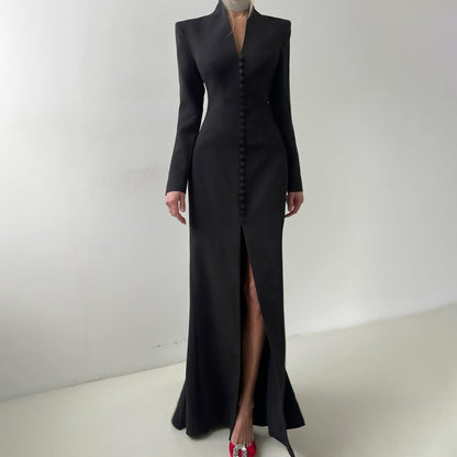 V-Neck Long Sleeve Button Front Slit Bodycon Maxi Dress