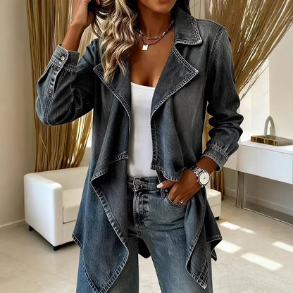 Women's Vintage Denim Duster Longline Lapel Jacket