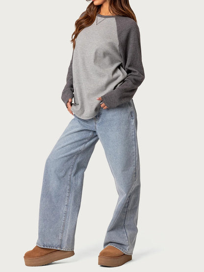 Color Block Waffle Knit Top Crew Neck Long Sleeve Tee