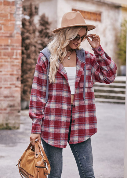 Women's Hooded Plaid Flannel Shirt Jacket - Casual Oversized