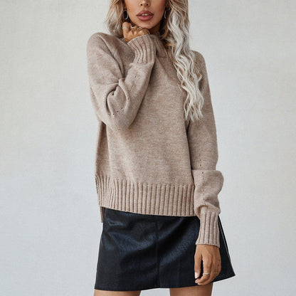 Women's Ribbed Turtleneck Sweater Side Slit Long Sleeve