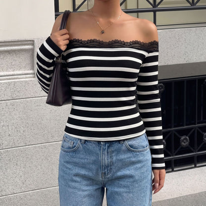 Striped Off Shoulder Top Lace Trim Slim Fit
