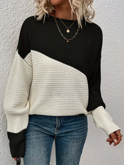 Color Block Crew Neck Long Sleeve Sweater