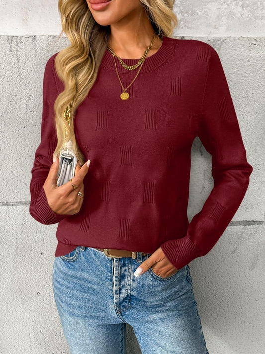 Textured Knit Crewneck Pullover Sweater for Women