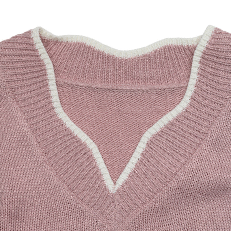 Solid Knit V Neck Sweater Contrast Trim Pointelle Sleeve