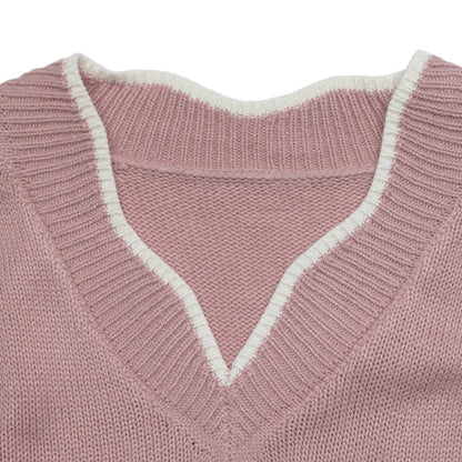 Solid Knit V Neck Sweater Contrast Trim Pointelle Sleeve