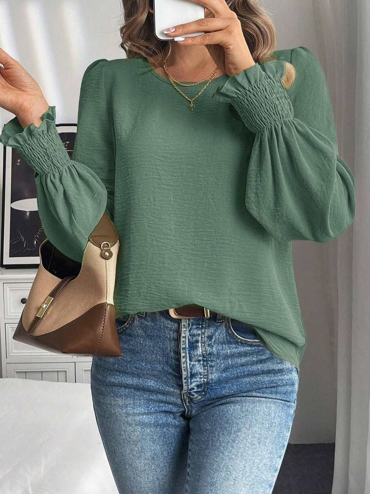 Women's Round Neck Balloon Sleeve Casual Blouse