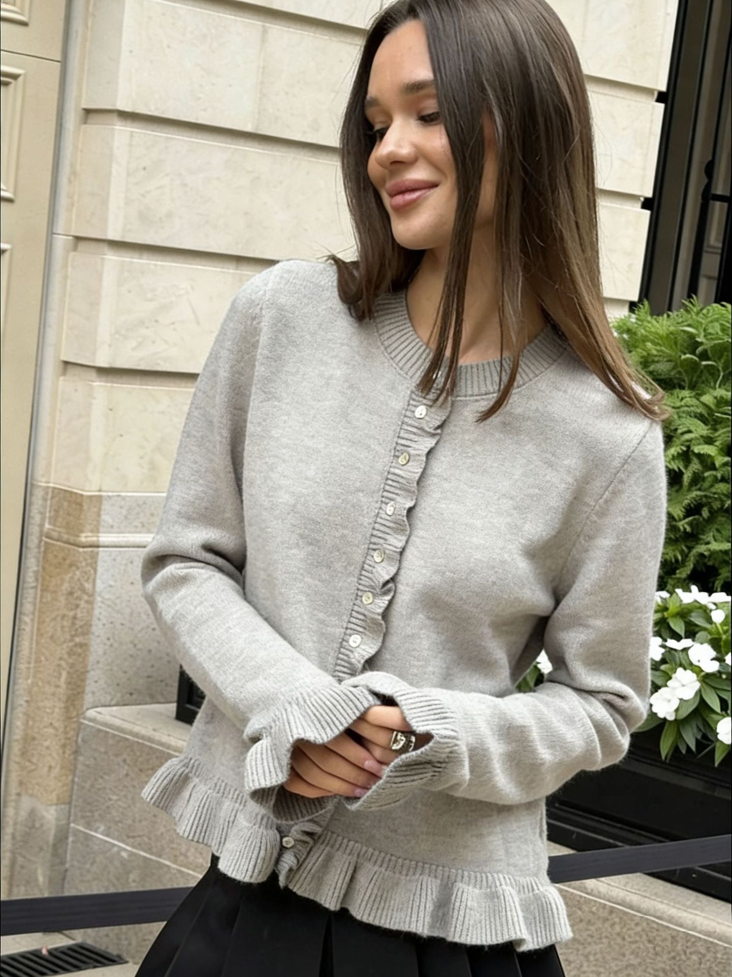 Ruffle Trim Knit Cardigan Button Front Long Sleeve Sweater