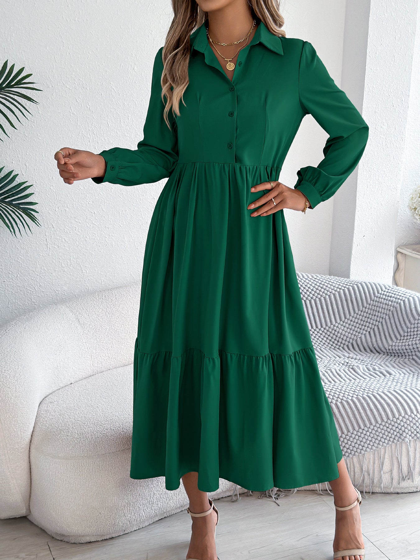 Collared Long Sleeve Tiered Shirt Dress