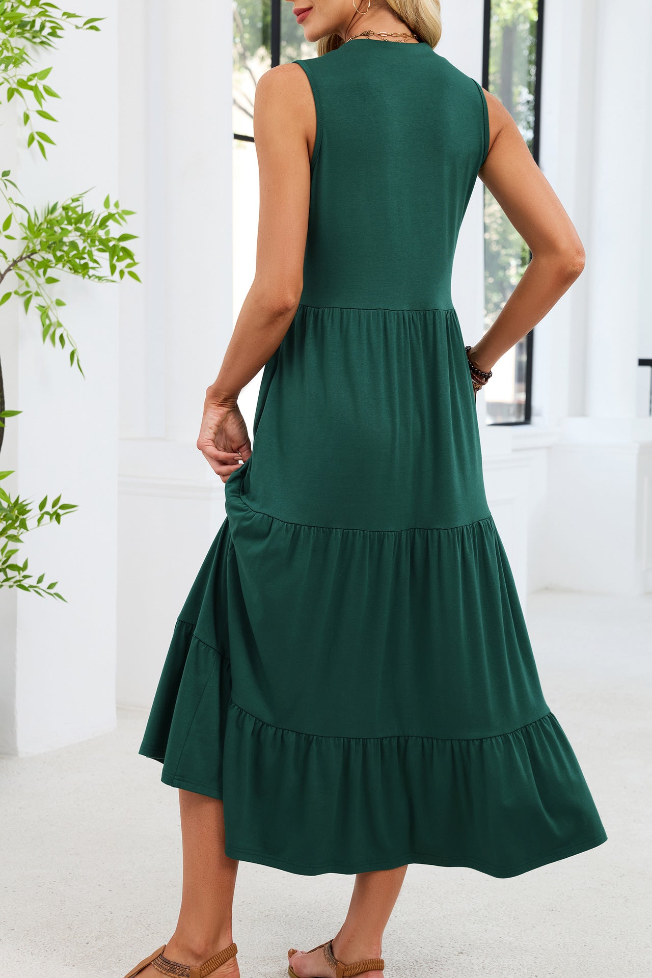 Sleeveless V-Neck Button Down Tiered Midi Dress Casual Summer