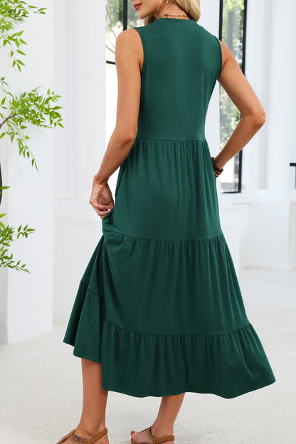 Sleeveless V-Neck Button Down Tiered Midi Dress Casual Summer