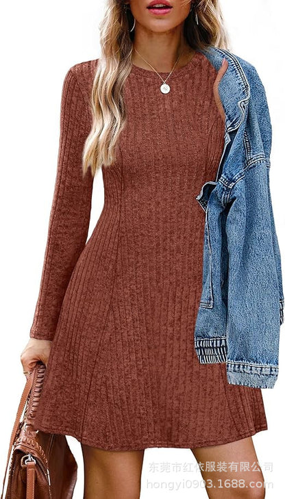 Ribbed Long Sleeve Crewneck Sweater Dress A-Line Mini