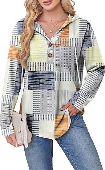 Women's Plaid Button Hoodie Long Sleeve Pullover