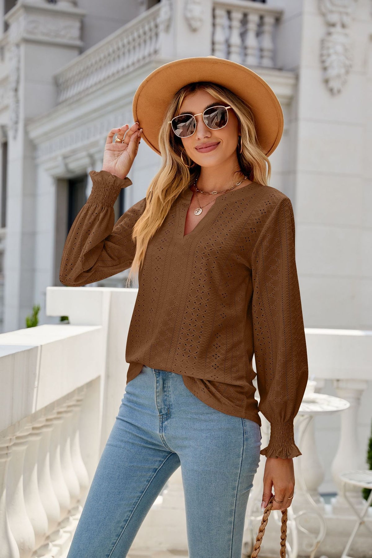 Women's Eyelet V-Neck Long Sleeve Ruffle Cuff Loose Blouse
