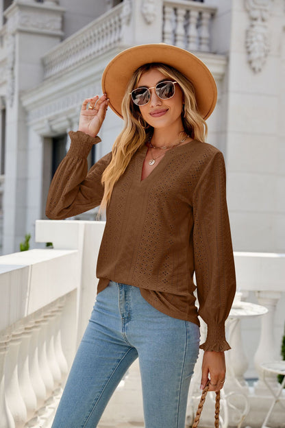 Women's Eyelet V-Neck Long Sleeve Ruffle Cuff Loose Blouse