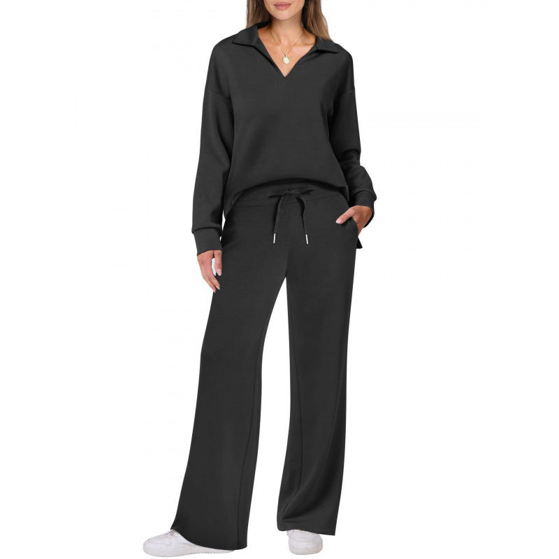 Women's 2 Piece Lounge Set Collared Top Wide Leg Pants