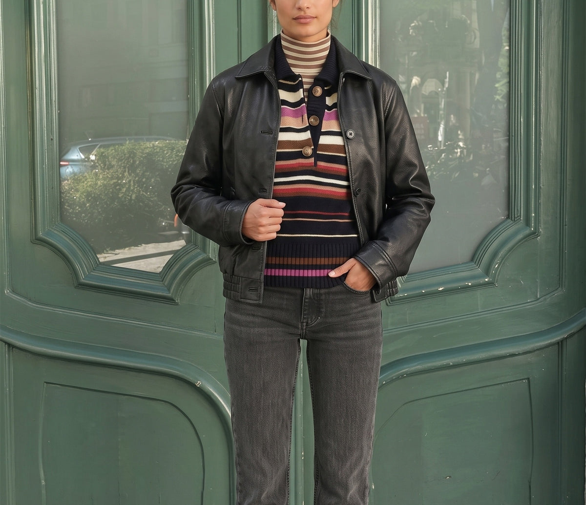 Women's Striped Polo Collar Long Sleeve Sweater