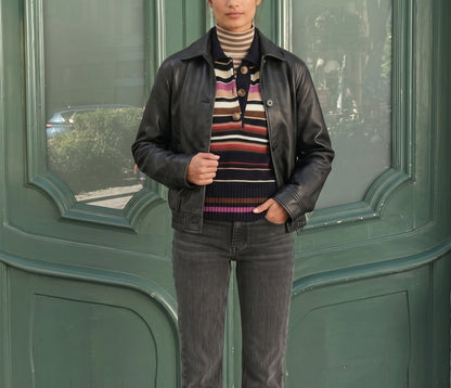 Women's Striped Polo Collar Long Sleeve Sweater