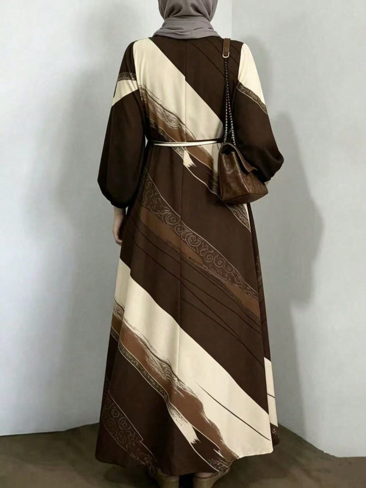 Abstract Print Tie Waist Maxi Dress Long Sleeve Elegant