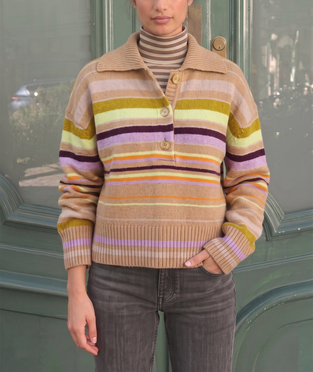 Women's Striped Polo Collar Long Sleeve Sweater