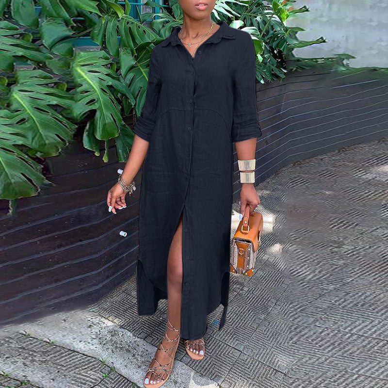 Women's Cotton Linen Button Down Maxi Dress Long Sleeve
