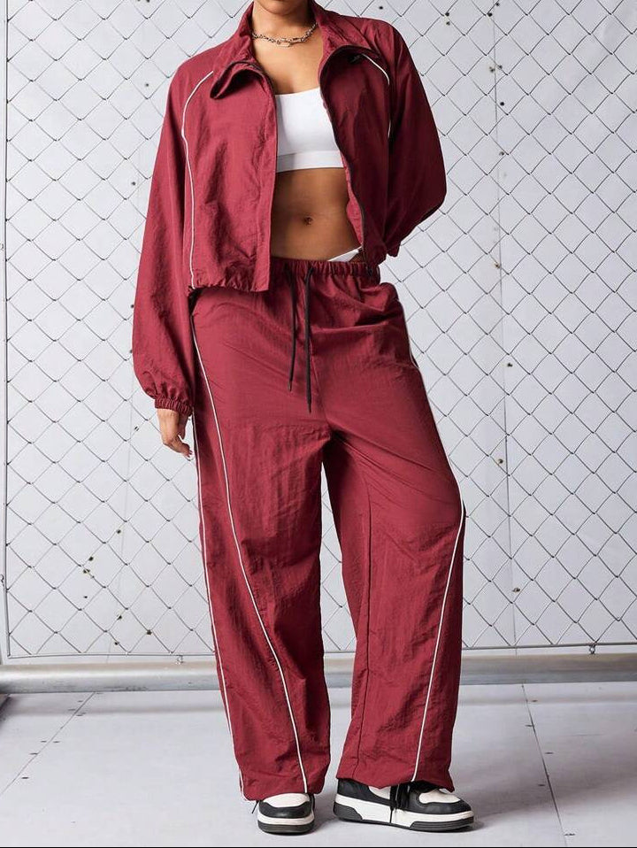 Women's Contrast Drawstring Two Piece Wide Leg Pants Set