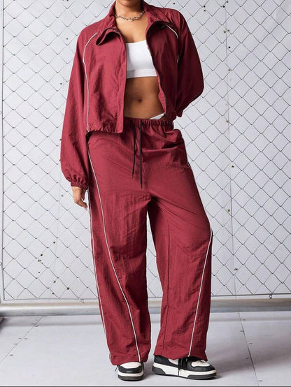 Women's Contrast Drawstring Two Piece Wide Leg Pants Set